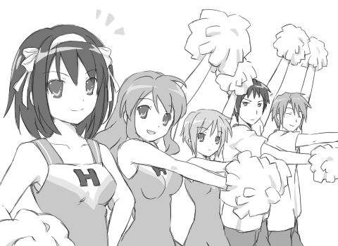 hayato, asahina mikuru, koizumi itsuki, kyon, nagato yuki, suzumiya haruhi, lucky star, motteke! serafuku, suzumiya haruhi no yuuutsu, lowres, 2boys, 3girls, cheerleader, greyscale, monochrome, multiple boys, multiple girls, parody