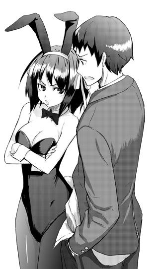 adachi yousuke, kyon, suzumiya haruhi, suzumiya haruhi no yuuutsu, 00s, 1boy, 1girl, angry, animal ears, bare arms, bare shoulders, bow, bowtie, breasts, cleavage, crossed arms, detached collar, eye contact, fake animal ears, greyscale, leotard, looking at another, medium breasts, monochrome, neck, open mouth, pantyhose, playboy bunny, rabbit ears, rabbit tail, school uniform, short hair, simple background, standing, strapless, strapless leotard, white background
