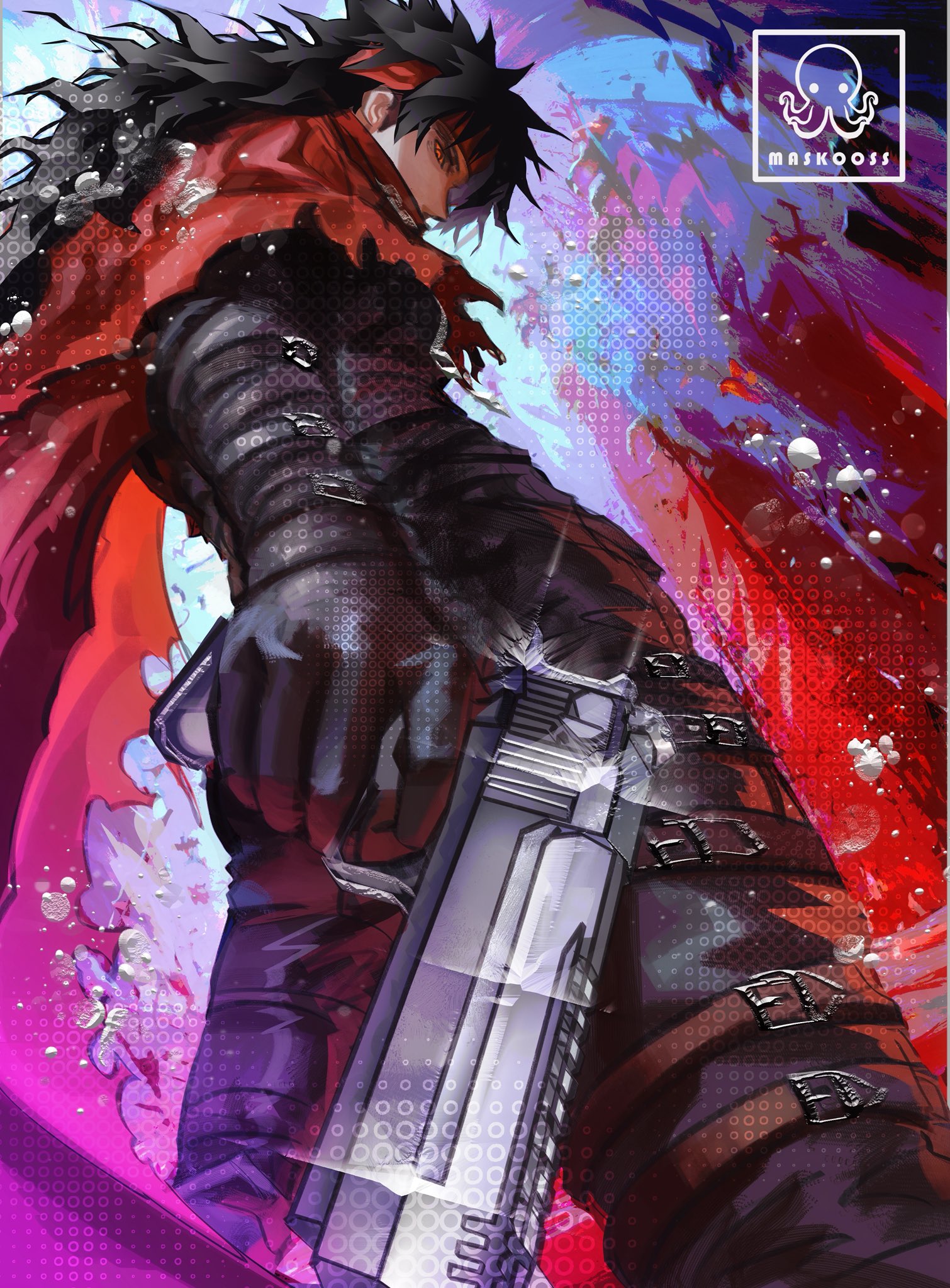 maskoo185826, vincent valentine, final fantasy, final fantasy vii, final fantasy vii rebirth, final fantasy vii remake, highres, 1boy, belt, black gloves, black hair, black pants, cape, clawed gauntlets, cloak, gauntlets, gloves, hair between eyes, headband, holding, jacket, long hair, male focus, multiple belts, pants, pointed footwear, prosthetic weapon, red cape, red cloak, red eyes, red headband, short hair, single gauntlet, solo, spiked hair, torn cloak, torn clothes, turks (ff7), weapon