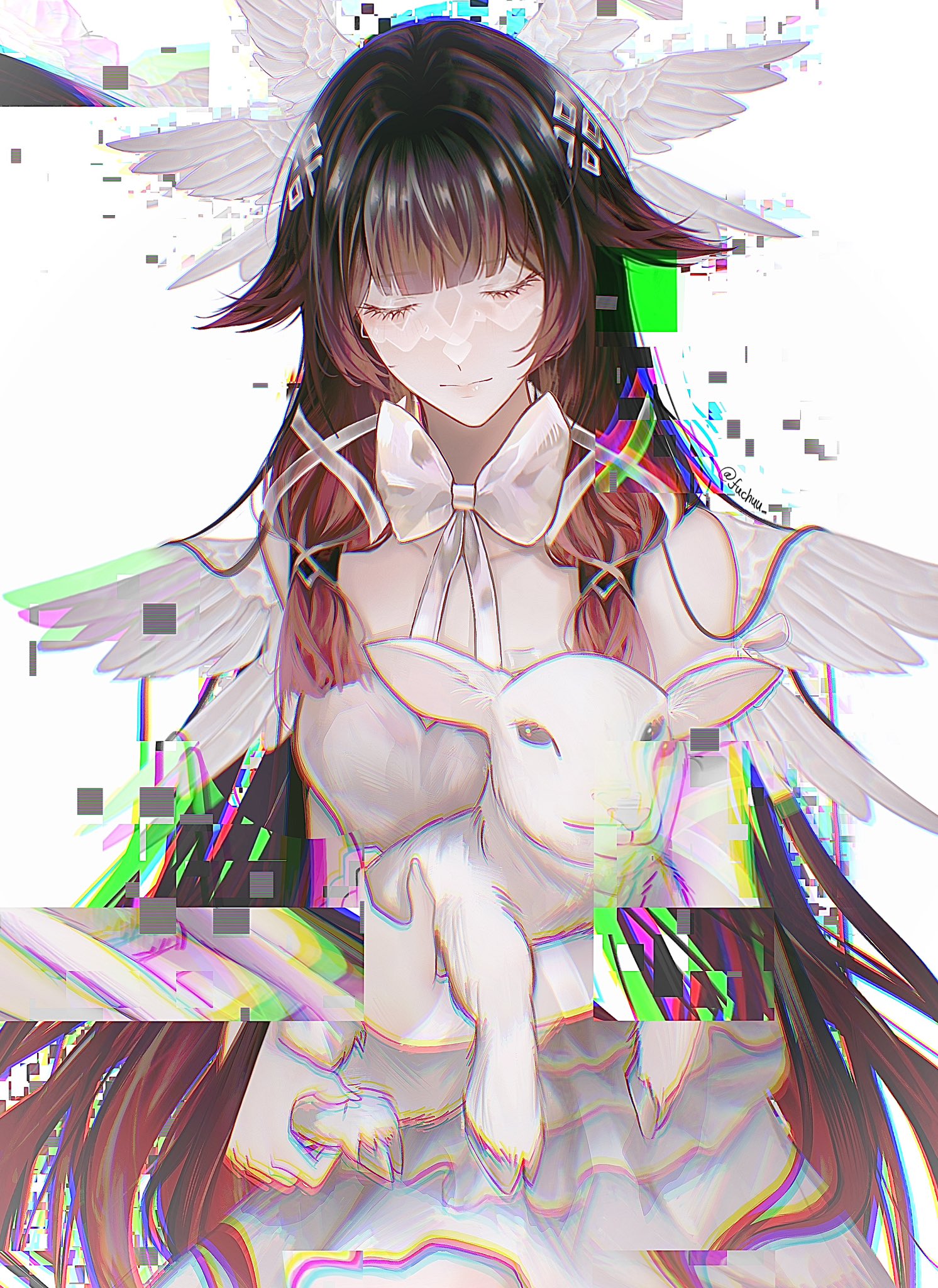 fuchuu (nini), columbina (genshin impact), genshin impact, highres, 1girl, angel wings, animal, baby animal, bow, closed eyes, collarbone, dress, eye mask, feathered wings, glitch, head wings, holding, holding animal, lamb, motion blur, multicolored hair, multiple wings, sheep, simple background, solo, streaked hair, white background, white dress, white mask, white wings, wings