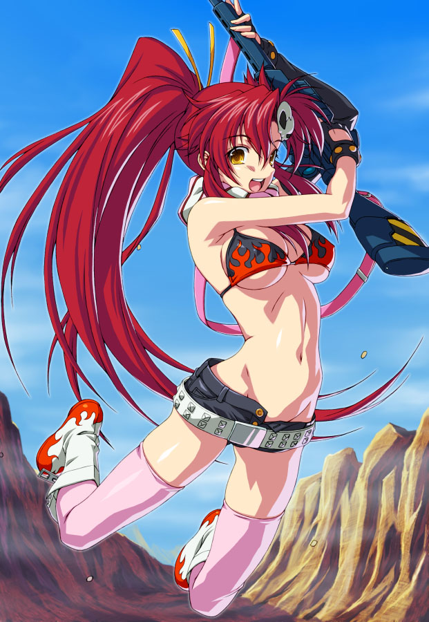 acid eaters, kazuma muramasa, yoko littner, tengen toppa gurren lagann, 00s, 1girl, :d, anti-materiel rifle, belt, bikini, bikini top only, boots, breasts, cloud, covered erect nipples, day, female focus, fingerless gloves, gloves, gun, hair ornament, jumping, large breasts, legs, long hair, open mouth, pink thighhighs, ponytail, red hair, rifle, short shorts, shorts, sideboob, sky, smile, sniper rifle, solo, studded belt, swimsuit, thighhighs, thighs, underboob, very long hair, weapon, yellow eyes