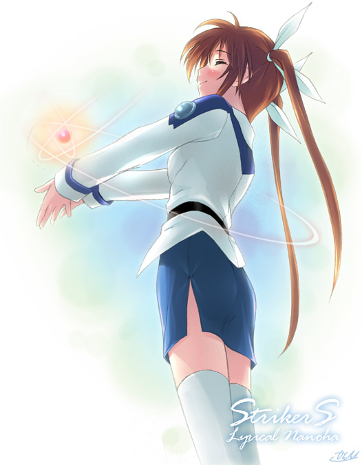 kantoku, raising heart, raising heart (standby mode), takamachi nanoha, lyrical nanoha, mahou shoujo lyrical nanoha, mahou shoujo lyrical nanoha strikers, 00s, 1girl, brown hair, closed eyes, copyright name, female focus, long hair, military, military uniform, smile, solo, thighhighs, twintails, very long hair, zettai ryouiki