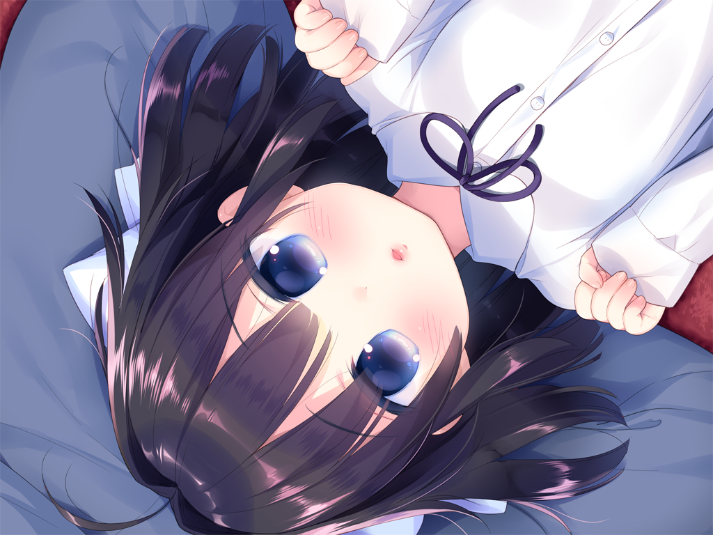 piyodera mucha, otomari koibito lolita, game cg, non-web source, 1girl, blue eyes, blush, brown hair, buttons, collared shirt, hands up, kotae (otomari koibito lolita), long hair, long sleeves, looking at viewer, lying, neck ribbon, on back, parted lips, portrait, purple ribbon, ribbon, shirt, sleeves past wrists, solo, white shirt