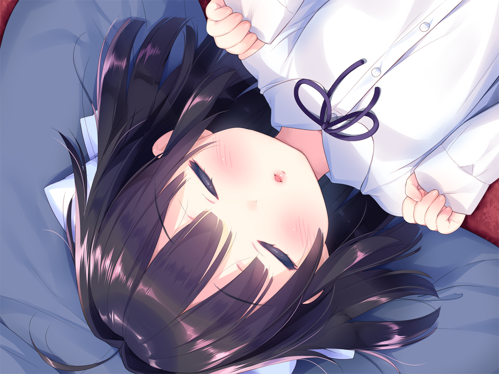 piyodera mucha, otomari koibito lolita, game cg, non-web source, 1girl, blush, brown hair, buttons, collared shirt, facing viewer, hands up, kotae (otomari koibito lolita), long hair, long sleeves, lying, neck ribbon, on back, parted lips, portrait, purple ribbon, ribbon, shirt, sleeves past wrists, solo, white shirt