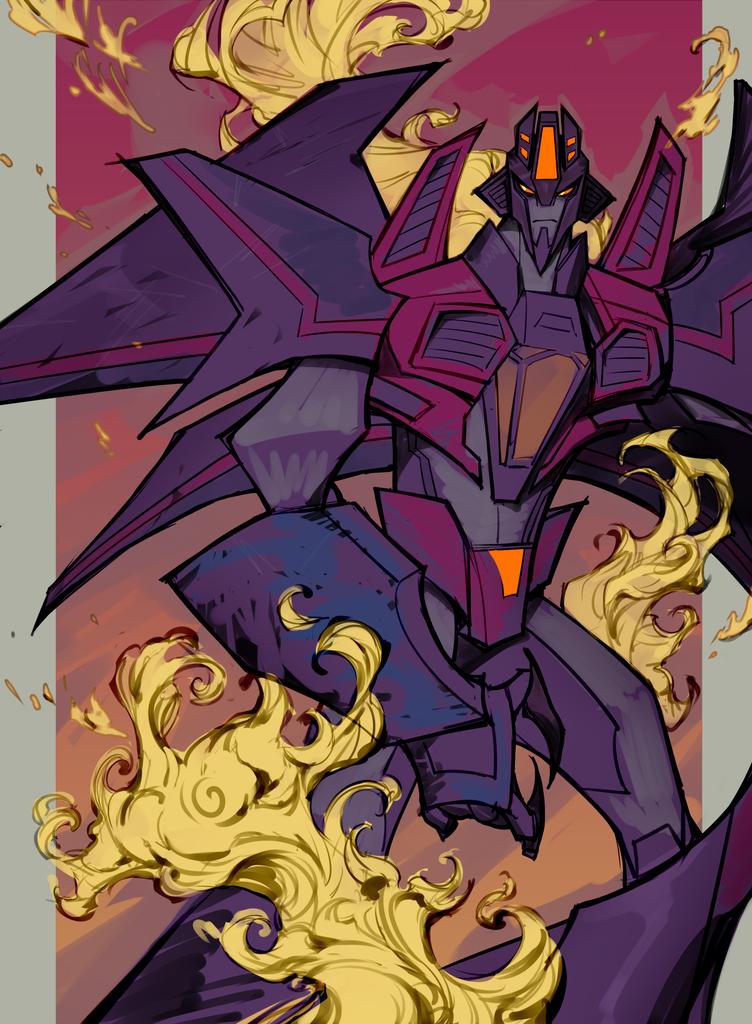 sir garrowman, starscream, transformers, transformers: robots in disguise (2015), 1boy, airplane wing, closed mouth, decepticon, fire, glowing, glowing eyes, humanoid robot, insignia, looking at viewer, machinery, male focus, mecha, no humans, red eyes, robot, science fiction, solo, weapon