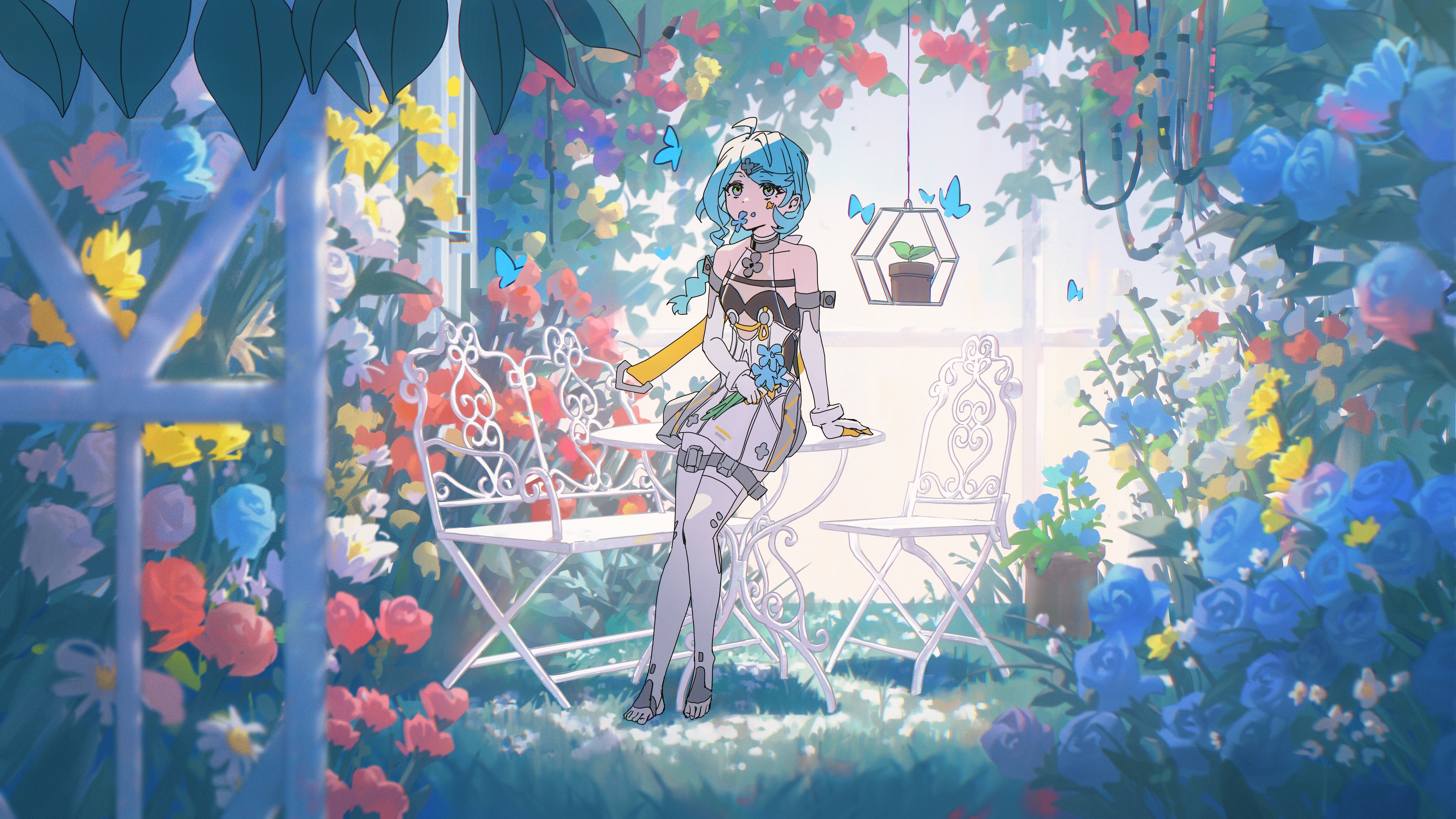 konya karasue, seed (zenless zone zero), zenless zone zero, absurdres, highres, 1girl, bare shoulders, blue flower, blue hair, bug, butterfly, chair, flower, insect, plant, potted plant, purple flower, red flower, table, white flower