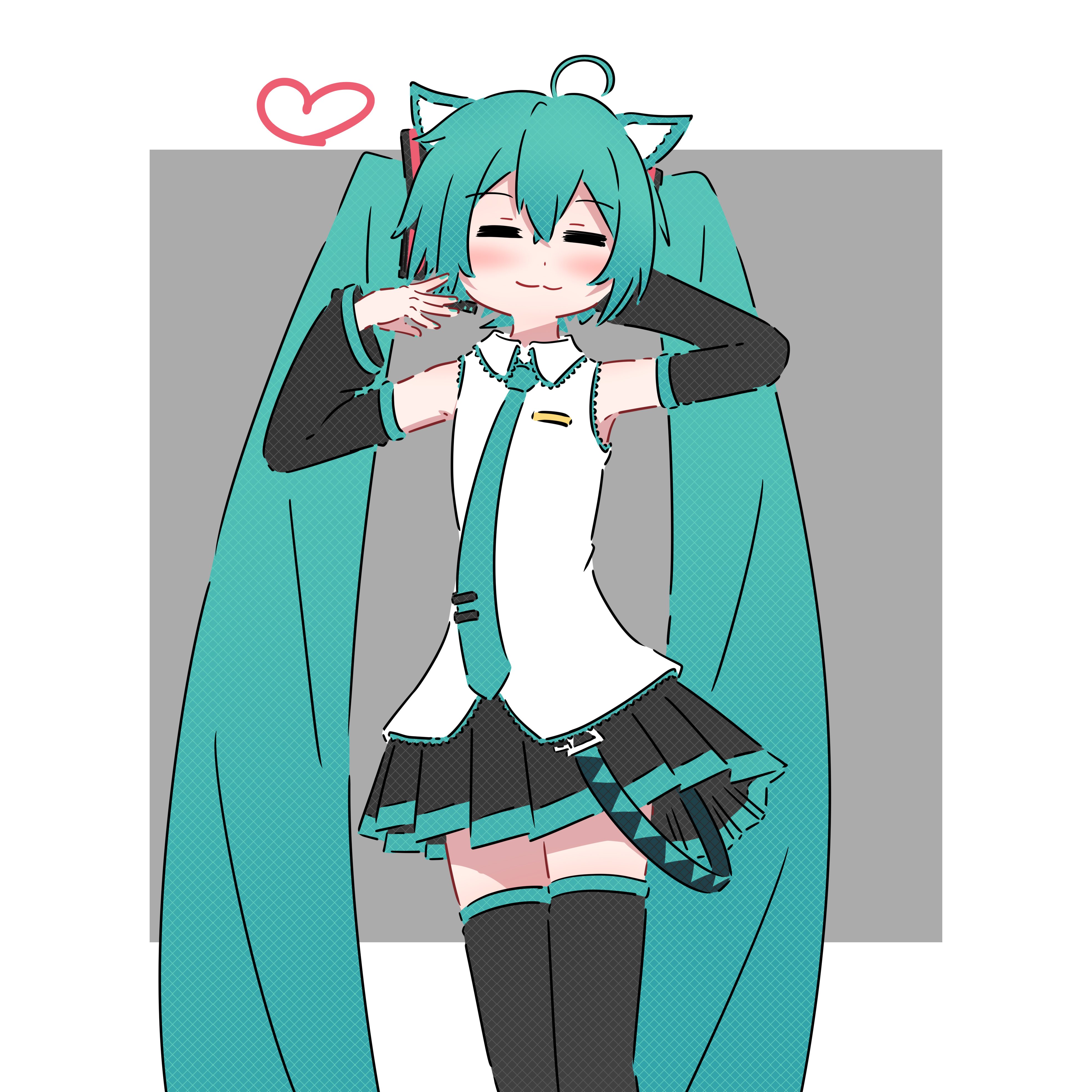 rennkurusu, hatsune miku, vocaloid, absurdres, commentary request, highres, 1girl, :3, ahoge, animal ears, aqua hair, aqua necktie, arm behind head, black boots, black skirt, blush, boots, border, cat ears, detached sleeves, grey background, headset, heart, long hair, necktie, outside border, pleated skirt, shirt, simple background, skirt, sleeveless, sleeveless shirt, smile, solo, thigh boots, twintails, white border, white shirt