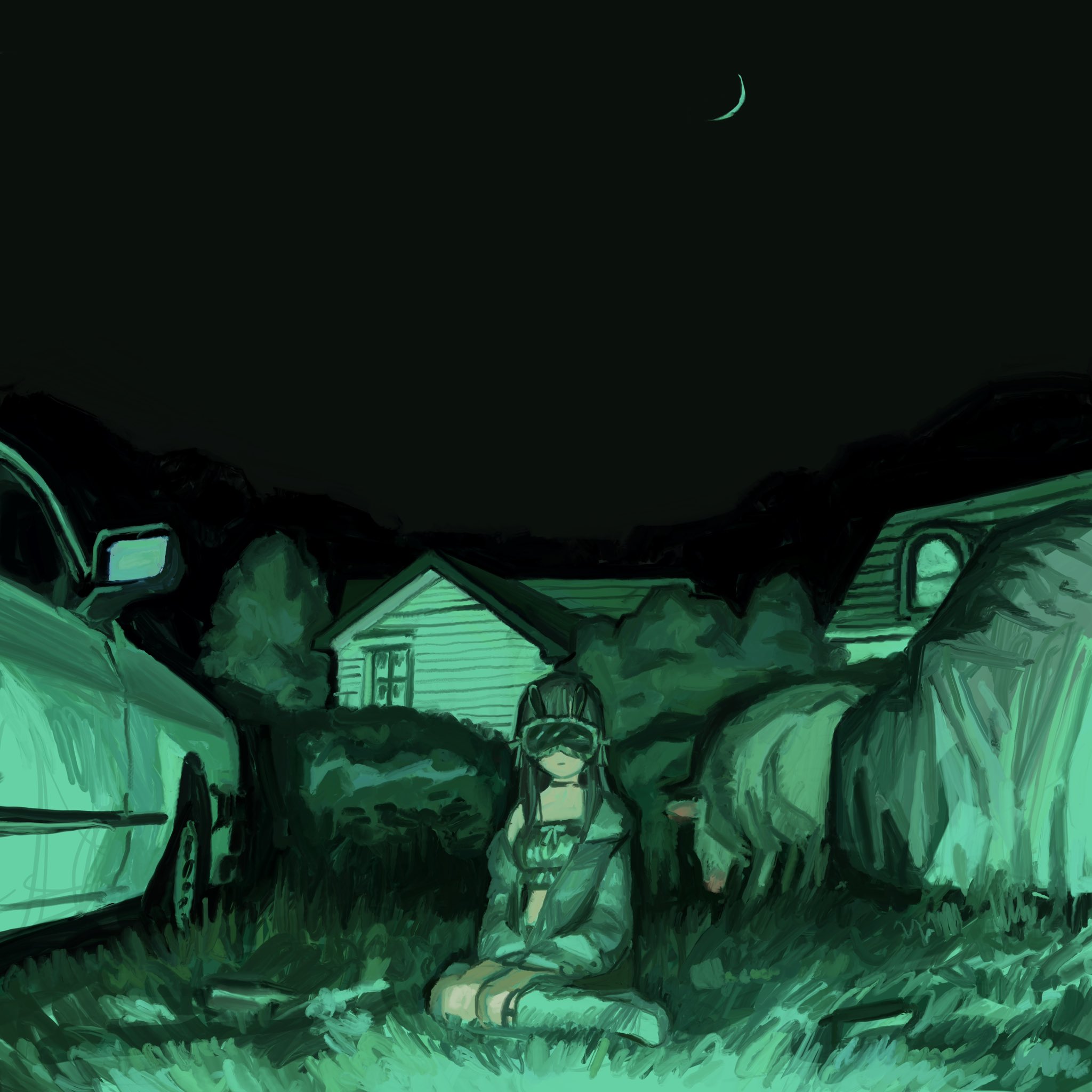 m000oomin, tsukino mito, tsukino mito (loungewear), nijisanji, highres, 1girl, car, cardigan, closed mouth, covered eyes, crescent moon, expressionless, facing viewer, hands on lap, house, kneehighs, lingerie, long hair, monochrome, moon, motor vehicle, night, night vision, off shoulder, on ground, open cardigan, open clothes, outdoors, sheep, single bare shoulder, sitting, sleep mask, socks, solo, tree, underwear, virtual youtuber, wariza, wide shot