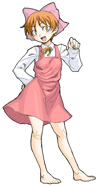 satou atsuki, nekomusume, gegege no kitarou, toei company, 1girl, bare legs, bare shoulders, barefoot, bow, brown eyes, brown hair, contrapposto, dress, feet, female focus, full body, hair bow, hand on own hip, long sleeves, looking at viewer, pink bow, red dress, shirt, short hair, simple background, sleeveless, sleeveless dress, solo, standing, white background, white shirt