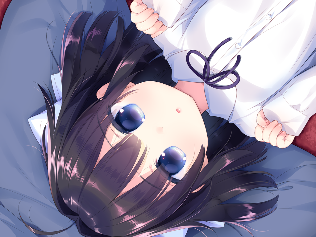 piyodera mucha, otomari koibito lolita, game cg, non-web source, 1girl, blue eyes, brown hair, buttons, collared shirt, hands up, kotae (otomari koibito lolita), long hair, long sleeves, looking at viewer, lying, neck ribbon, on back, parted lips, portrait, purple ribbon, ribbon, shirt, sleeves past wrists, solo, white shirt
