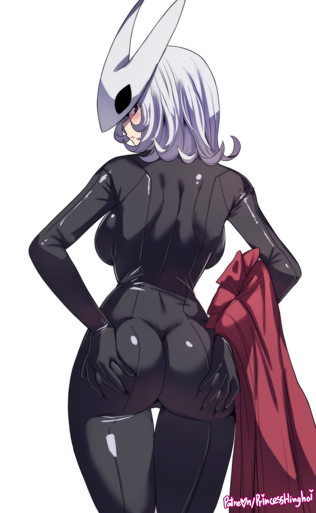 hinghoi, hornet (hollow knight), hollow knight, hollow knight: silksong, 1girl, ass, black eyes, blush, bodysuit, breasts, cape, deep skin, from behind, grabbing own ass, huge ass, large breasts, looking at viewer, looking back, mask, mask on head, medium hair, skin tight, solo, unworn cape, white hair
