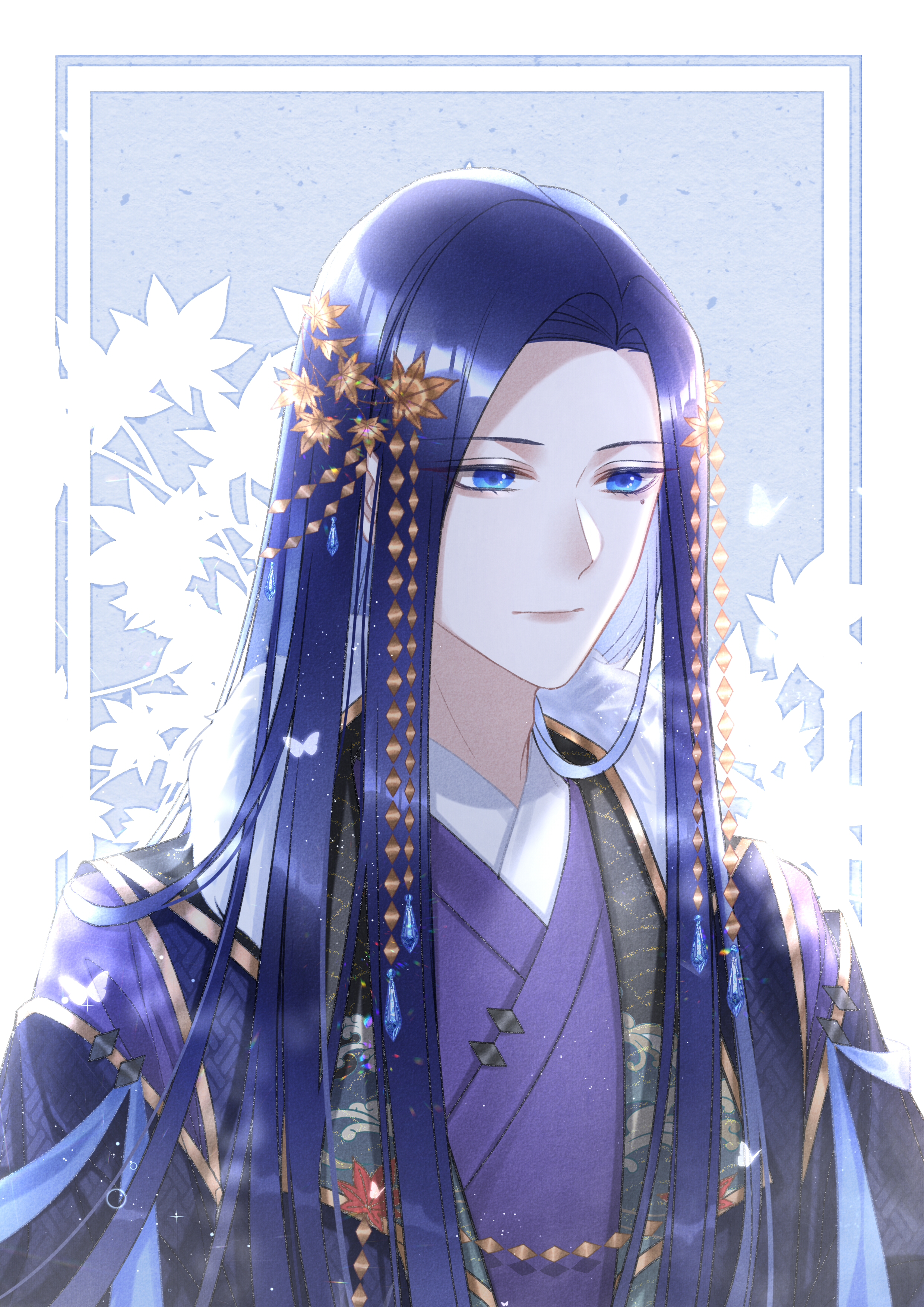 luki 9713, clarence clayden, clarence clayden (godheim), lovebrush chronicles, absurdres, chinese commentary, highres, 1boy, alternate costume, black coat, blue background, blue eyes, blue gemstone, blue hair, border, bug, butterfly, closed mouth, coat, curtained hair, expressionless, fur-trimmed coat, fur trim, gem, hair ornament, head chain, insect, jewelry, lapels, leaf, leaf background, leaf brooch, leaf hair ornament, lips, long hair, looking ahead, male focus, maple leaf, mole, mole under eye, open clothes, open coat, outside border, parted bangs, purple hanfu, purple robe, robe, seigaiha, solo, straight hair, sweater guard, upper body, wave print, white border, white butterfly