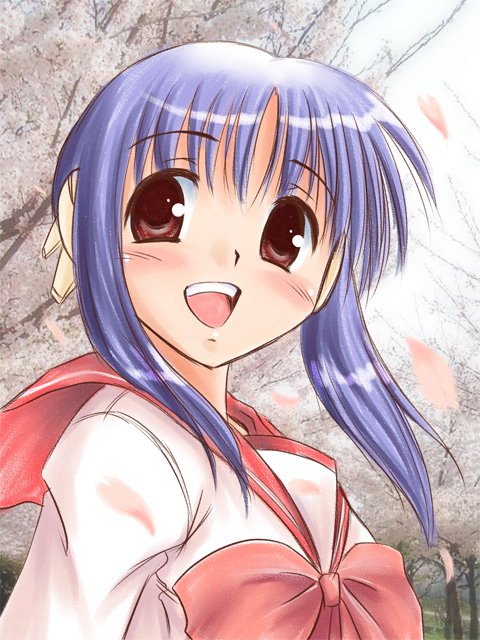 x-4kazu, ilfa (to heart), to heart (series), to heart 2, md5 mismatch, resolution mismatch, source larger, 00s, 1girl, :d, blush, bow, bowtie, cherry blossoms, female focus, long hair, open mouth, outdoors, petals, purple eyes, purple hair, red bow, red bowtie, robot ears, sailor collar, school uniform, serafuku, shirt, short hair with long locks, smile, solo, spring (season), upper body, white shirt