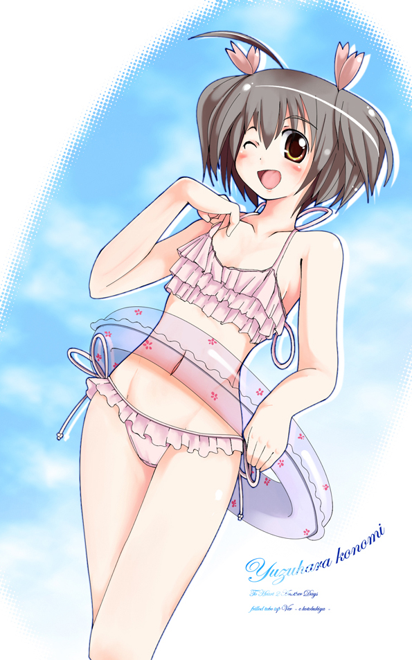 hubrael, yuzuhara konomi, to heart (series), to heart 2, 00s, 1girl, bikini, blush, breasts, cloud, dutch angle, female focus, flapper shirt, frilled bikini, frills, innertube, looking at viewer, one eye closed, open mouth, outdoors, ruffle bikini, shirt, sky, small breasts, smile, solo, swim ring, swimsuit, white bikini, wink