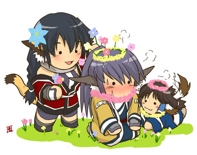 kurotani kyoukutsu, aruruu, karulau, touka (utawarerumono), utawarerumono, lowres, 00s, 3girls, animal ears, blush, chibi, dog ears, hair ornament, hairpin, head wings, long hair, multiple girls, ponytail, purple hair, wings