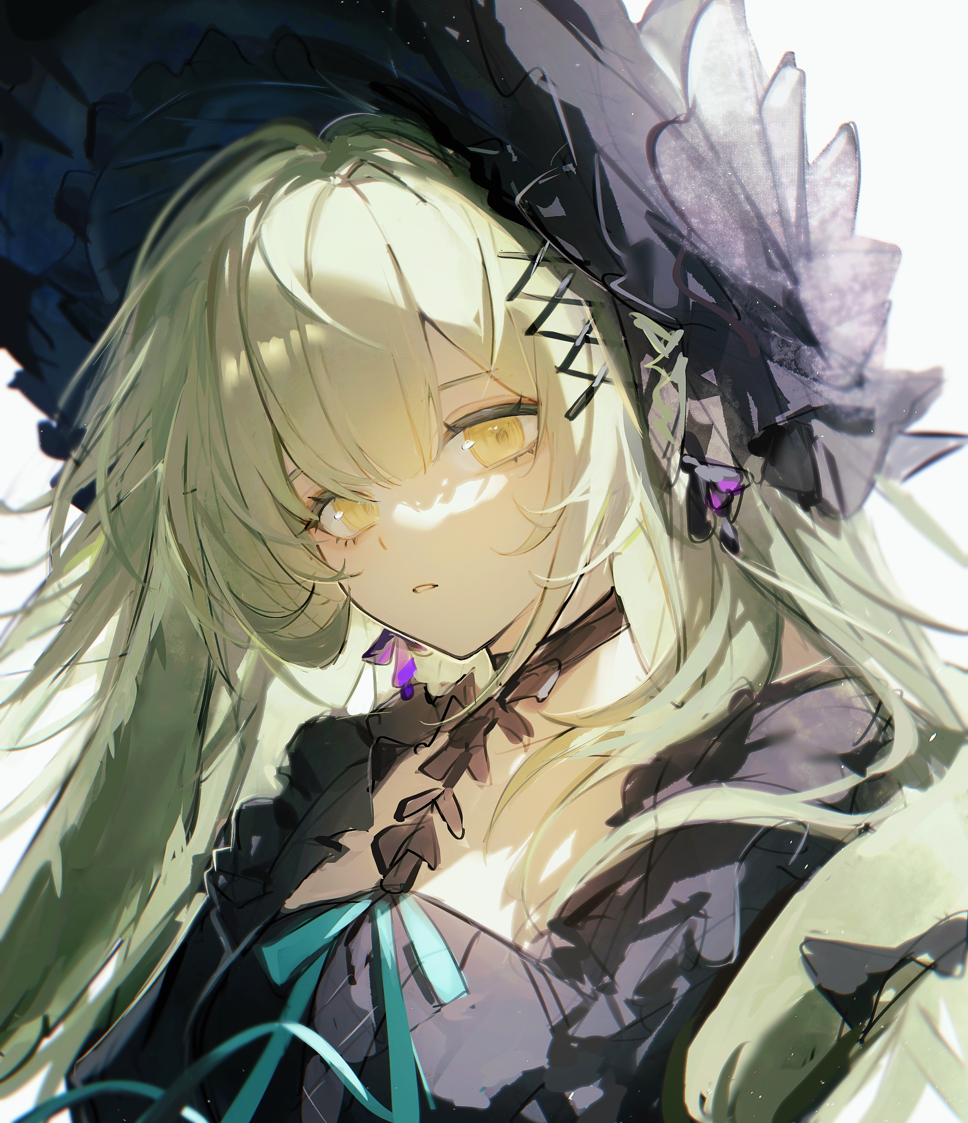 anlingennny, wakaba mutsumi, arknights, bang dream!, bang dream! it's mygo!!!!!, commentary, highres, 1girl, animal ears, black bonnet, black choker, bonnet, choker, expressionless, floppy ears, gothic lolita, green hair, hair ornament, lolita fashion, long hair, looking at viewer, parted lips, rabbit ears, rabbit girl, solo, upper body, wakaba mutsumi (marionette's id), white background, x hair ornament, yellow eyes