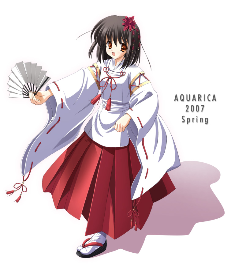 orino yushi, original, white legwear, 00s, 1girl, 2007, :d, black hair, brown eyes, english text, female focus, flower, folding fan, full body, hair flower, hair ornament, hakama, hakama skirt, hand fan, holding, japanese clothes, kanzashi, long sleeves, looking at viewer, miko, okobo, open mouth, outstretched arm, platform sandals, red hakama, ribbon-trimmed sleeves, ribbon trim, sandals, shadow, simple background, skirt, smile, solo, spring (season), tabi, tareme, tassel, tsumami kanzashi, walking, white background, wide sleeves