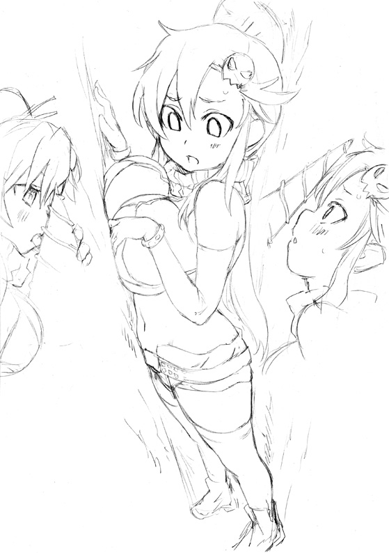 asanagi, yoko littner, tengen toppa gurren lagann, 00s, 1girl, breast press, breasts, drill, greyscale, large breasts, monochrome, multiple views, phallic symbol, sexually suggestive, sketch, thighhighs