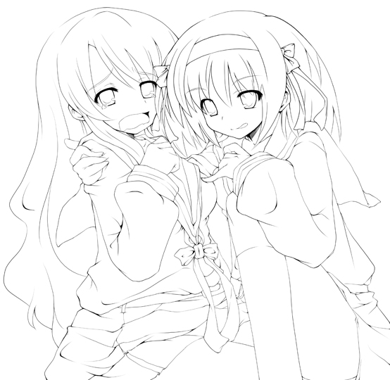 soranon, asahina mikuru, suzumiya haruhi, suzumiya haruhi no yuuutsu, 00s, 2girls, blush, frown, greyscale, hair ribbon, hairband, long hair, long sleeves, looking at viewer, monochrome, multiple girls, ribbon, sailor collar, school uniform, serafuku, short hair, simple background, sitting, wavy mouth, white background, yuri