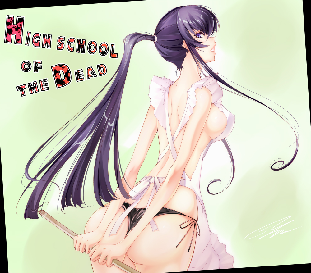 kawakami shuuichi, shu (artist), busujima saeko, highschool of the dead, 1girl, apron, arms behind back, ass, back, black panties, blue eyes, blue hair, bokken, breasts, cleavage, copyright name, female focus, from side, green background, grin, holding, large breasts, long hair, looking at viewer, looking back, matching hair/eyes, naked apron, panties, ponytail, profile, purple hair, scrunchie, side-tie panties, sidelocks, signature, simple background, smile, solo, standing, sword, thong, underwear, very long hair, weapon, wooden sword