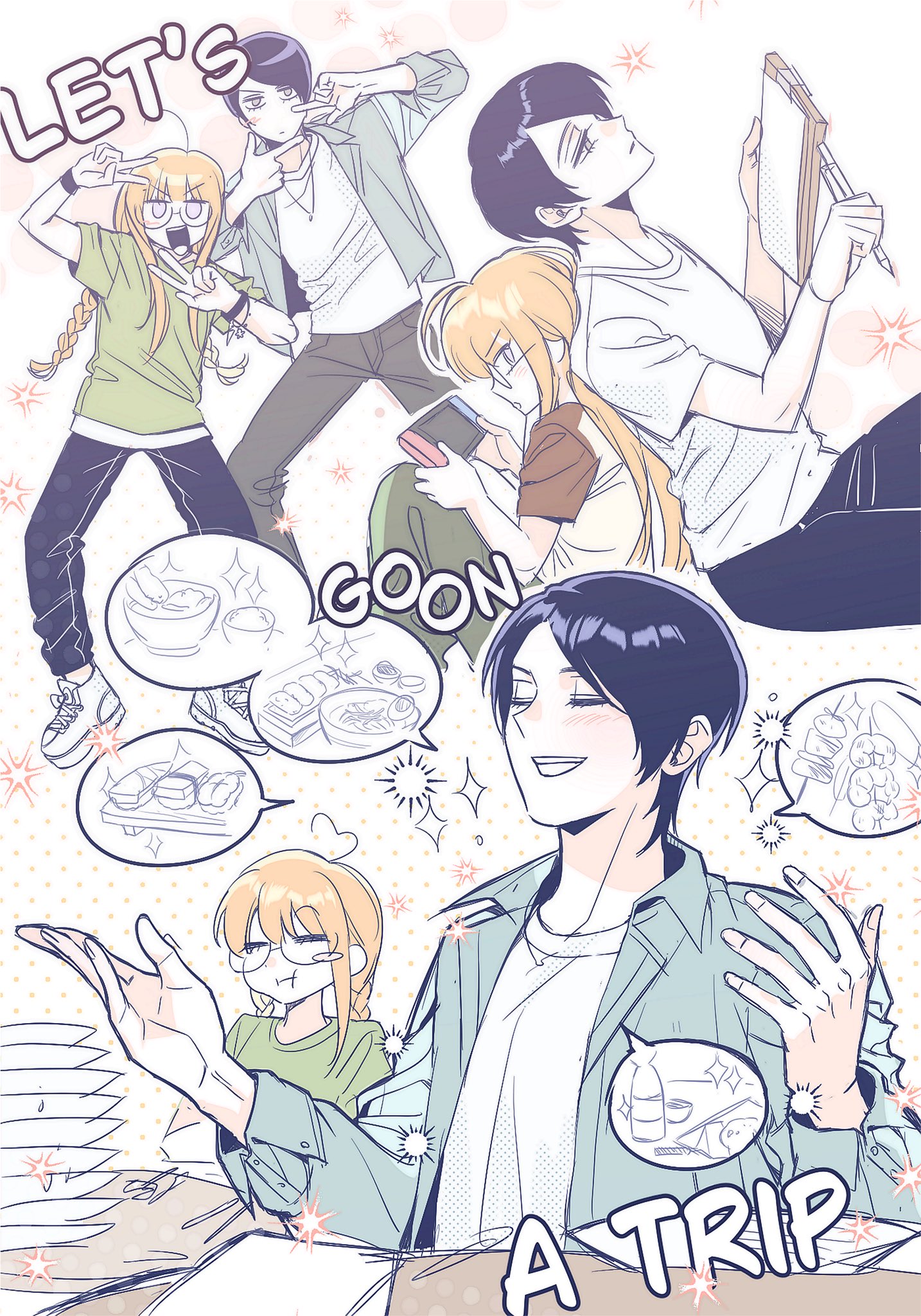 kitagawa yuusuke, sakura futaba, persona, persona 5, commentary request, highres, korean commentary, 1boy, 1girl, :d, ahoge, alternate costume, alternate hairstyle, back-to-back, black-framed eyewear, black pants, blue hair, blue shirt, blunt bangs, bracelet, braid, closed eyes, closed mouth, cutlery, denim, double v, english text, feet out of frame, finger frame, food, full body, glasses, green pants, green shirt, grey eyes, grey pants, grey shirt, handheld game console, holding, holding handheld game console, holding pencil, holding sketchbook, jeans, jewelry, long hair, long sleeves, looking at another, looking at viewer, malang face, multiple views, necklace, nintendo switch, open clothes, open mouth, open shirt, orange hair, pants, parted bangs, pencil, plate, plate stack, polka dot, polka dot background, puffy cheeks, purple eyes, shirt, shoes, short hair, short sleeves, single sidelock, sketchbook, smile, sneakers, sparkle, speech bubble, twin braids, upper body, v, white background, white shirt, white shoes
