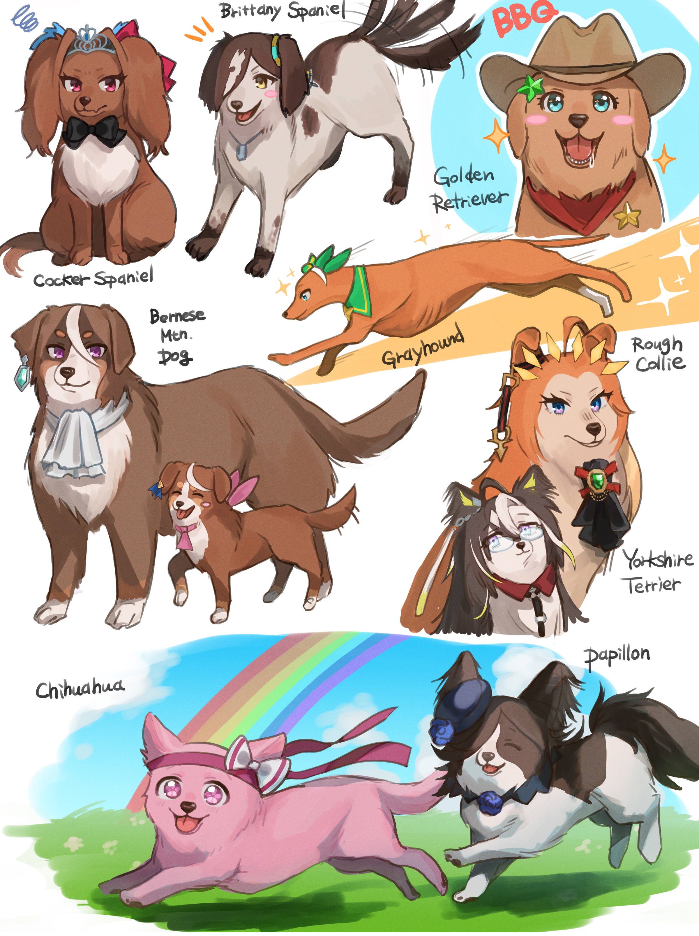 himo (user rzgz5877), daiwa scarlet (umamusume), dream journey (umamusume), haru urara (umamusume), orfevre (umamusume), rice shower (umamusume), silence suzuka (umamusume), symboli rudolf (umamusume), taiki shuttle (umamusume), tokai teio (umamusume), vodka (umamusume), umamusume, absurdres, highres, animal focus, animalization, ascot, bandana, bandana around neck, bernese mountain dog, blue eyes, blue flower, blue rose, blue sky, bow, brown fur, chihuahua, closed eyes, closed mouth, cloud, collie (dog), cowboy hat, dog, ear covers, ear ornament, earrings, english cocker spaniel, english text, field, flower, flower-shaped pupils, flower in eye, full body, glasses, golden retriever, grass, greyhound, hair ornament, hair over one eye, hat, hat flower, headband, jewelry, open mouth, orange fur, papillon (dog), pink ascot, pink eyes, pink fur, pink headband, purple eyes, rainbow, red bandana, red headband, rose, saliva, single earring, sky, smile, spaniel (dog), star (symbol), star hair ornament, symbol-shaped pupils, symbol in eye, tail, tail wagging, teeth, tiara, tilted headwear, tongue, tongue out, white ascot, white fur, yellow eyes, yorkshire terrier