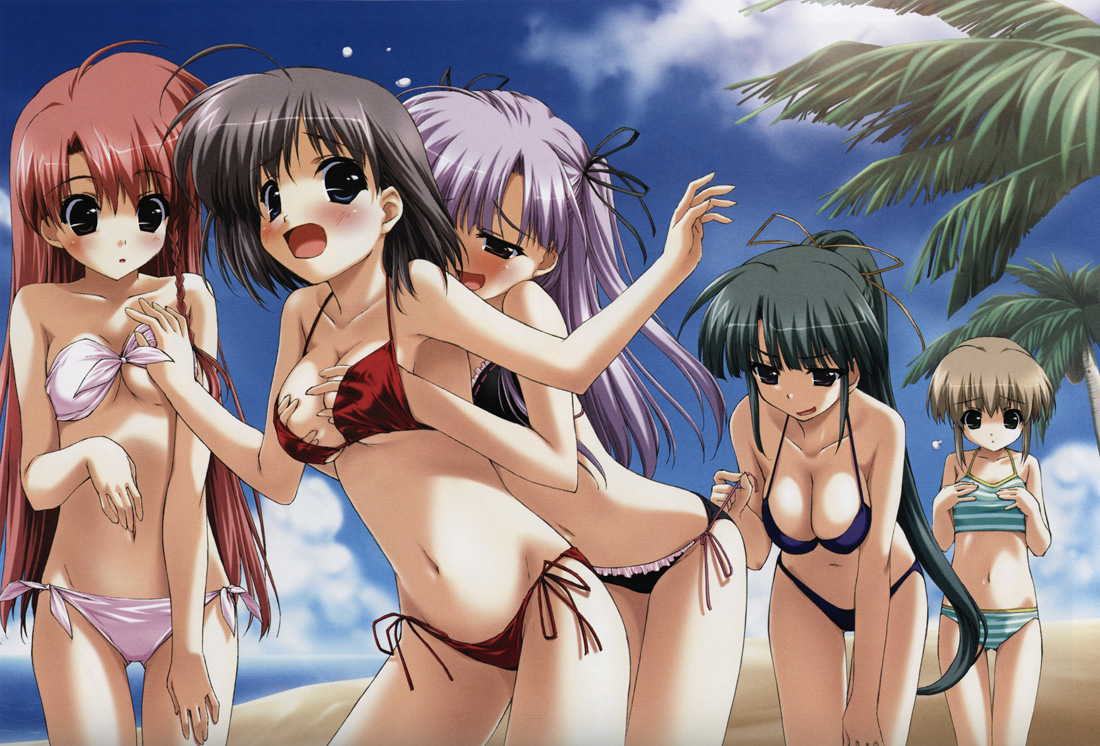 shintarou, kasugano haruna, kumotani chizuru, shingyouji mao, souma nanami, tsubasa miu, boy meets girl, duplicate, source request, 5girls, ahoge, bandeau, beach, bikini, black bikini, blue eyes, blush, braid, breast envy, breasts, brown hair, cleavage, day, flat chest, frilled bikini, frills, from behind, front-tie top, grabbing another's breast, green eyes, green hair, green one-piece swimsuit, grey hair, groping, hair ribbon, hand under clothes, large breasts, leaning forward, long hair, lowleg, lowleg bikini, midriff, multiple girls, naughty face, one-piece swimsuit, open mouth, outdoors, pink bikini, pink hair, ponytail, purple bikini, purple eyes, purple hair, red bikini, ribbon, short hair, side-tie bikini bottom, side braid, single braid, sports bikini, strapless, string bikini, striped bikini, striped clothes, surprised, surprised arms, swimsuit, tankini, tube top, twintails, two side up, underboob, very long hair, you gonna get raped, yuri