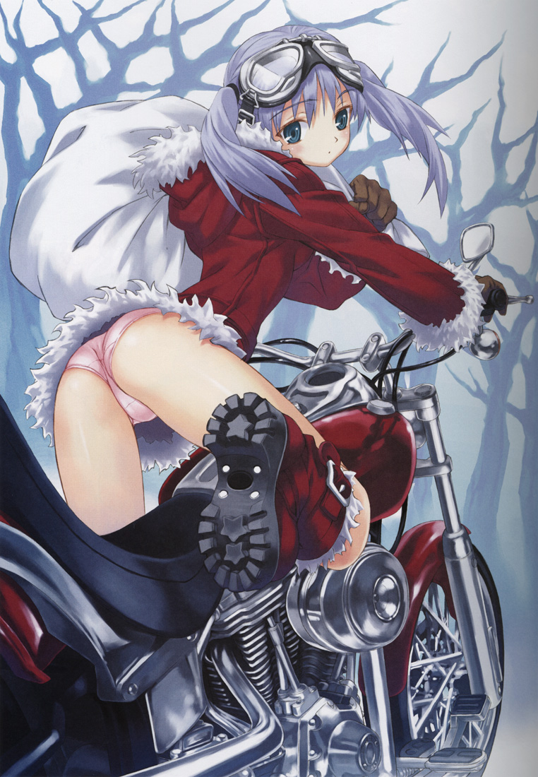 matsuryuu, fur, silver hair, vehicle, 1girl, :o, ass, blue eyes, blue hair, blush, boots, brown gloves, christmas, day, embarrassed, female focus, from behind, gloves, goggles, goggles on head, hood, hoodie, leg up, looking back, matching hair/eyes, motor vehicle, motorcycle, nature, open mouth, outdoors, panties, pantyshot, pink panties, sack, santa costume, sky, solo, surprised, tree, twintails, underwear, upskirt