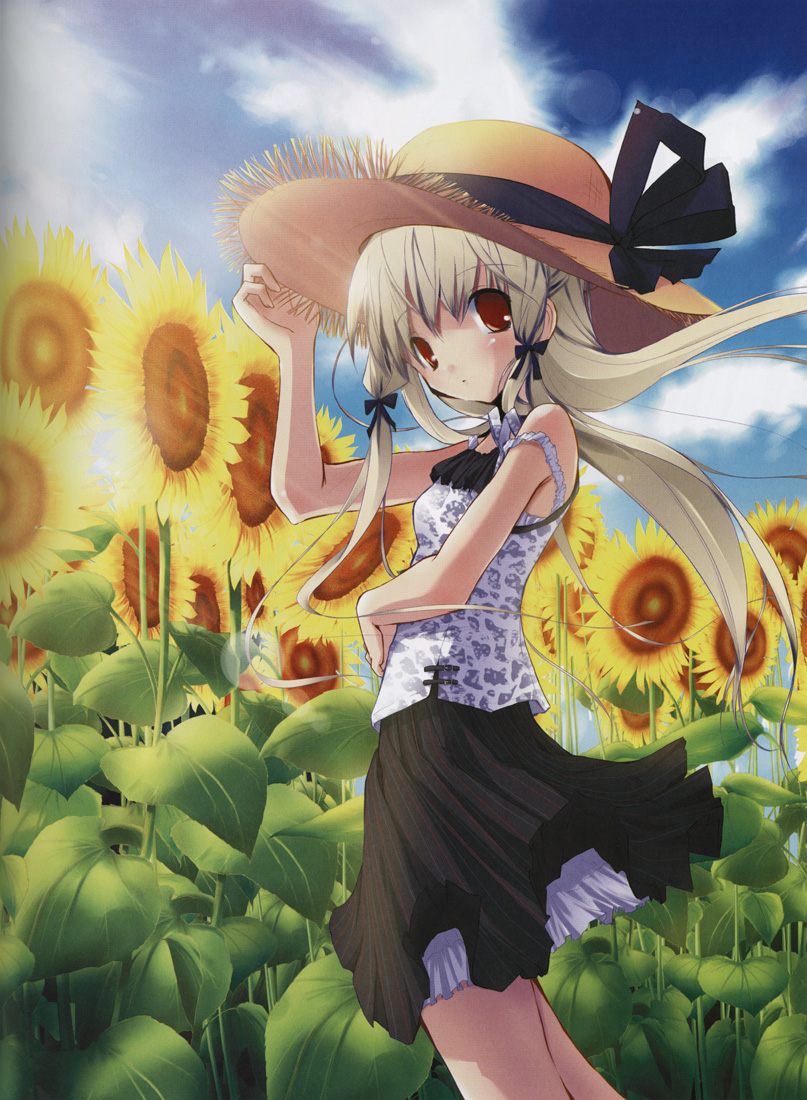 nimura yuuji, copyright request, 1girl, blonde hair, female focus, flower, hat, lingerie, long hair, petticoat, red eyes, sky, solo, straw hat, sunflower, underwear, wind