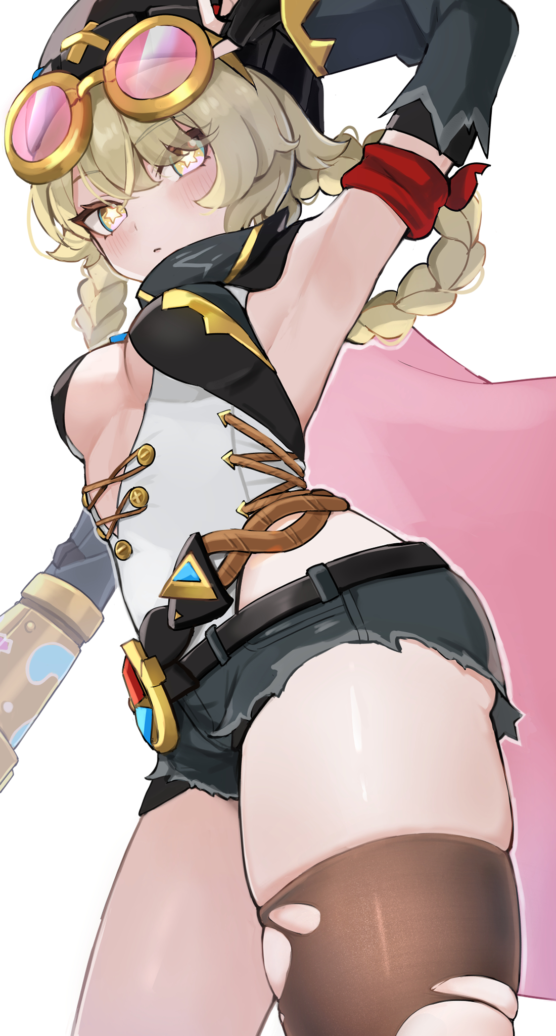 ura (hamburg oniku), jahoda (genshin impact), genshin impact, highres, 1girl, armpits, braid, breasts, brown thighhighs, closed mouth, denim, denim shorts, hand up, looking at viewer, short shorts, shorts, simple background, single thighhigh, small breasts, solo, standing, star-shaped pupils, star (symbol), symbol-shaped pupils, thighhighs, torn clothes, torn thighhighs, twin braids, white background