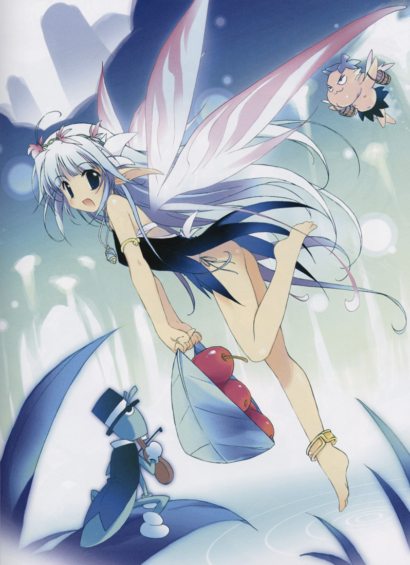 fujiwara warawara, 1girl, anklet, armlet, barefoot, cherry, fairy, food, fruit, instrument, jewelry, long hair, long pointy ears, mini person, minigirl, no panties, pointy ears, very long hair, violin, wings