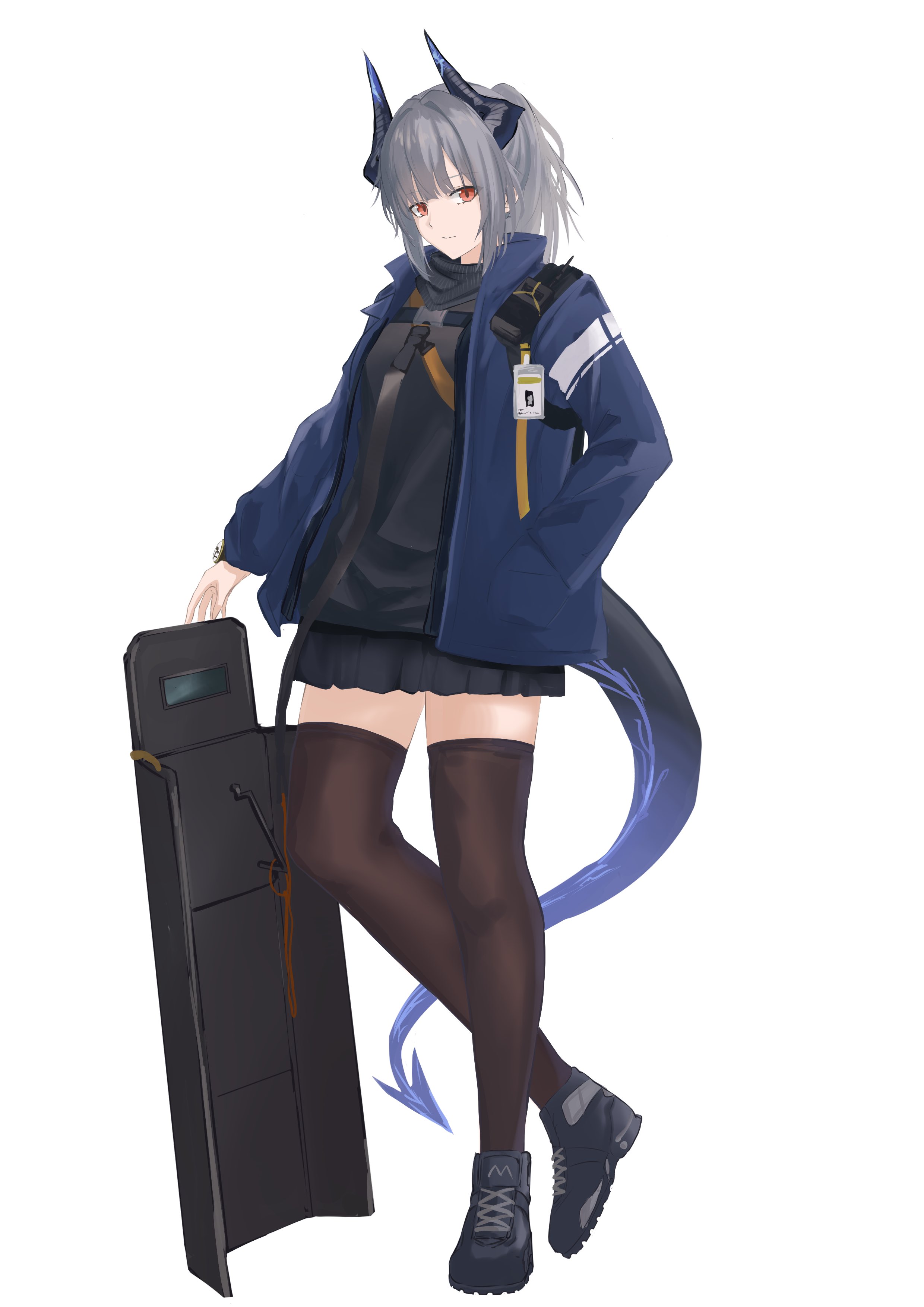 shuuka, liskarm (arknights), arknights, absurdres, commentary, highres, 1girl, ballistic shield, black horns, black skirt, blue jacket, brown thighhighs, closed mouth, dragon girl, dragon horns, dragon tail, full body, grey hair, hand in pocket, horns, jacket, light smile, long sleeves, looking at viewer, miniskirt, open clothes, open jacket, red eyes, shield, short hair, simple background, skirt, solo, standing, tail, thighhighs, walkie-talkie, white background