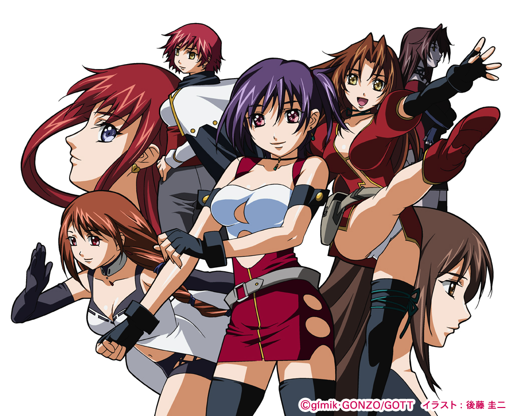 gotou keiji, eclair (kiddy grade), kiddy grade, non-web source, 00s, 6+girls, alternate costume, armband, belt, black thighhighs, blue eyes, boots, breasts, brown eyes, brown hair, choker, cleavage, earrings, elbow gloves, eyecatch, fingerless gloves, gloves, jewelry, kicking, large breasts, long hair, looking back, medium breasts, multiple girls, multiple persona, panties, pantyshot, purple hair, red hair, short hair, short shorts, shorts, skirt, smile, thighhighs, underwear, white panties, yellow eyes