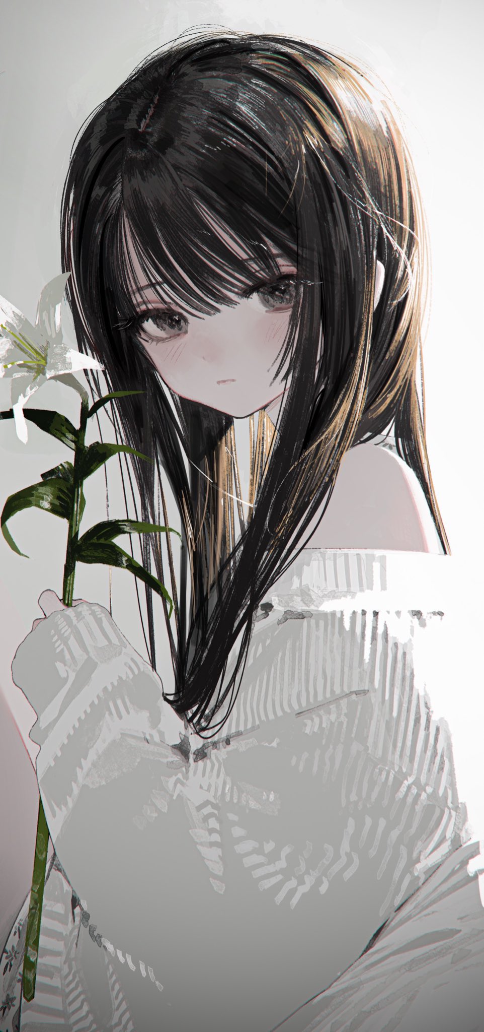 honnryou hanaru, honjou ruri, original, commentary request, highres, revision, 1girl, black eyes, black hair, blush, closed mouth, fanbox username, flower, hair between eyes, holding, holding flower, lily (flower), long hair, long sleeves, looking at viewer, off shoulder, signature, simple background, solo, sweater, twitter username, upper body, white flower, white sweater