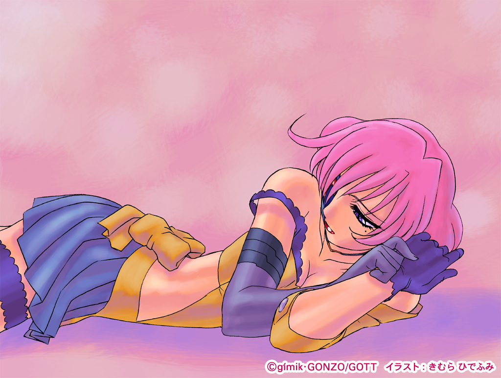 kimura hidefumi, dvergr, kiddy grade, non-web source, 00s, 1girl, blue skirt, breasts, choker, cleavage, elbow gloves, episode22, eyecatch, female focus, frilled thigh strap, gloves, lipstick, lying, makeup, medium breasts, on stomach, pink hair, purple hair, short hair, skirt, solo, strap slip, thigh strap
