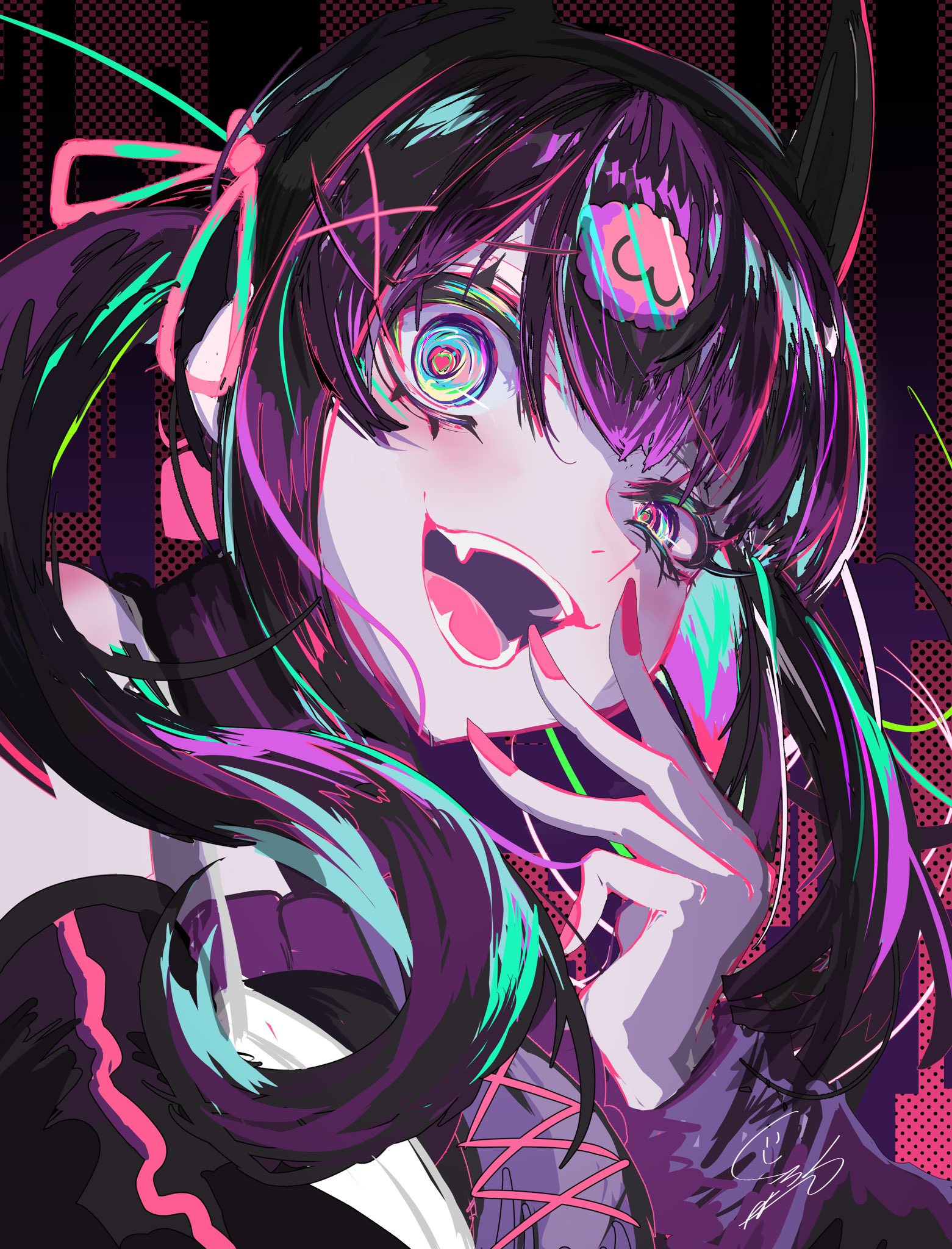 cmhp, reml, denonbu, hashtag-only commentary, highres, 1girl, black hair, blunt bangs, demon horns, fangs, fingernails, hair ornament, hair ribbon, half-closed eye, hand to own mouth, hand up, horns, long fingernails, long hair, looking at viewer, open mouth, pink nails, ribbon, signature, smile, solo, twintails, uneven eyes, upper body, x hair ornament