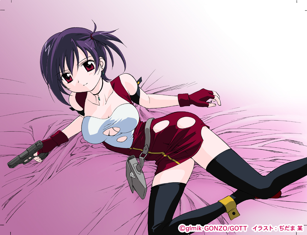 ditama bow, eclair (kiddy grade), kiddy grade, non-web source, 00s, 1girl, bed, black hair, black thighhighs, breasts, collarbone, episode21, eyecatch, female focus, fingerless gloves, gloves, gun, handgun, jewelry, lying, medium breasts, necklace, pistol, ponytail, purple hair, red eyes, red gloves, red shoes, red skirt, shirt, shoes, short hair, side ponytail, skirt, solo, thighhighs, torn clothes, torn shirt, torn skirt, weapon, white shirt