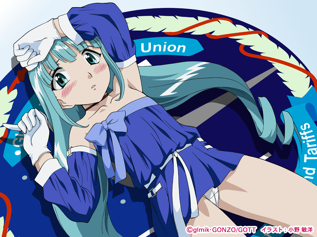 ono toshihiro, lumiere (kiddy grade), kiddy grade, non-web source, 00s, 1girl, blue skirt, episode19, eyecatch, female focus, gloves, green eyes, green hair, loli, lying, matching hair/eyes, panties, pantyshot, pinky out, skirt, solo, strapless, underwear
