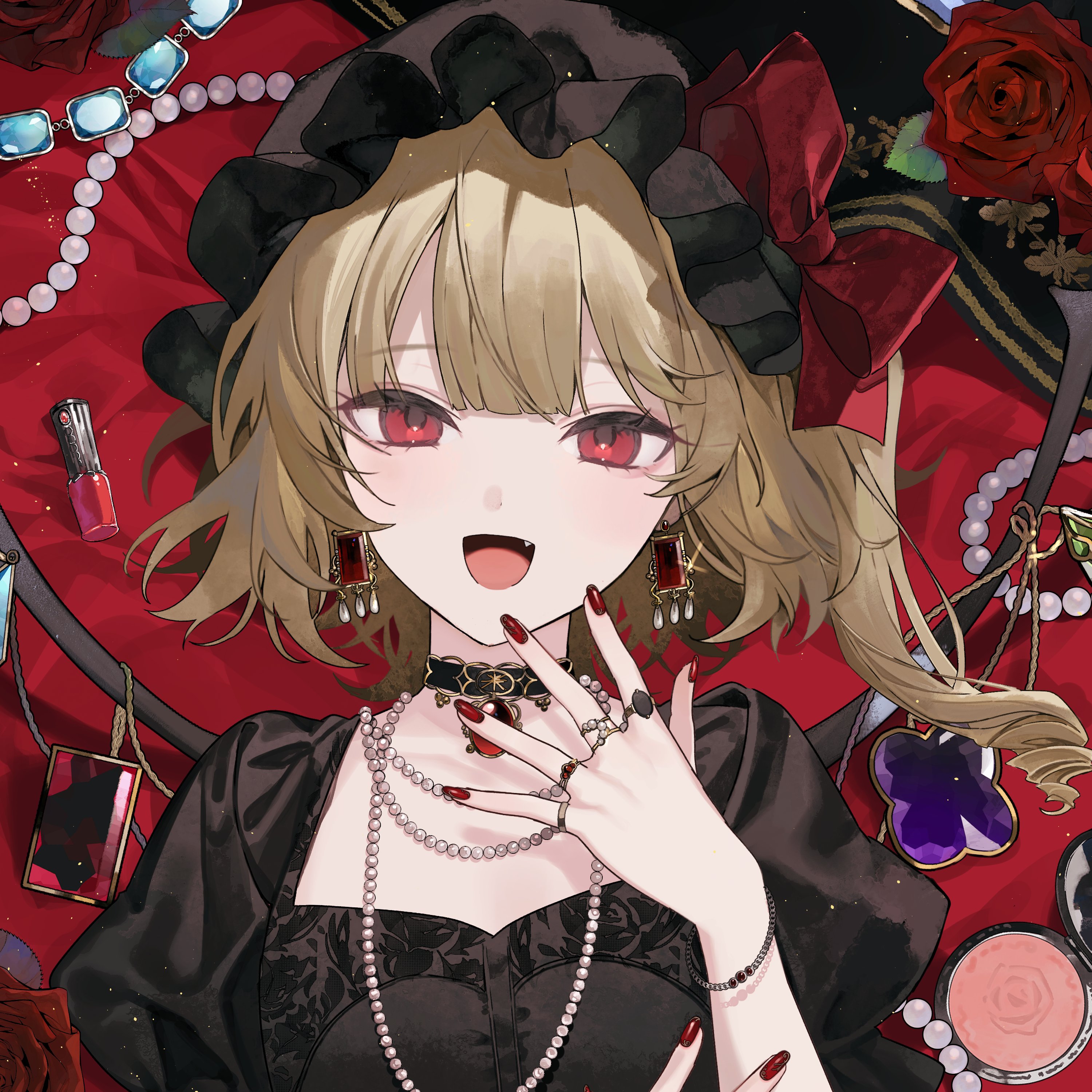 daimaou ruaeru, flandre scarlet, touhou, absurdres, commentary, highres, symbol-only commentary, 1girl, black choker, black dress, black hat, blonde hair, choker, collarbone, dress, earrings, fang, flower, hat, jewelry, lipstick, looking at viewer, makeup, mob cap, nail polish, necklace, open mouth, pearl necklace, puffy sleeves, red eyes, red flower, red nails, red rose, ring, rose, solo, upper body