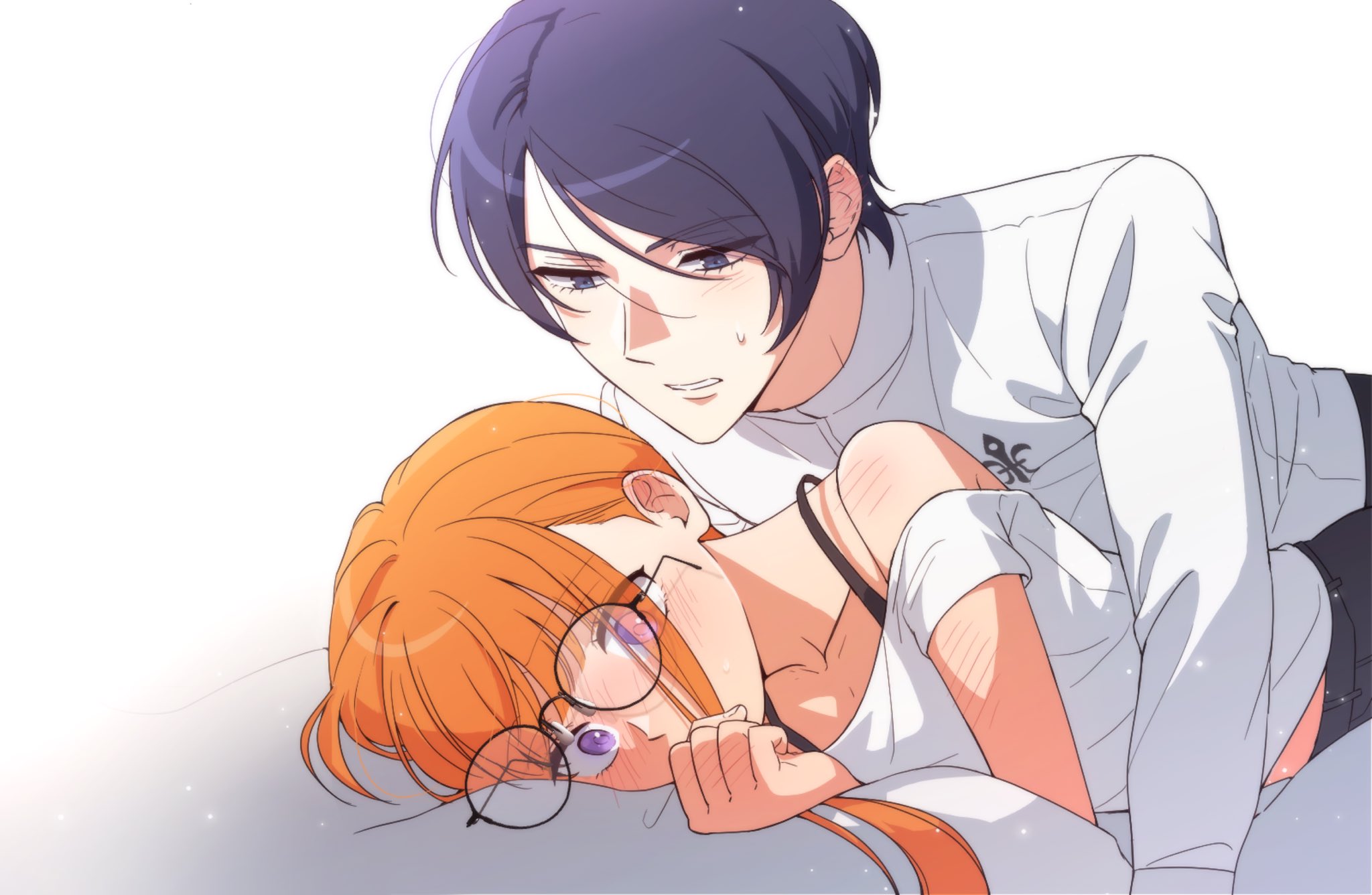 kitagawa yuusuke, sakura futaba, persona, persona 5, commentary request, highres, korean commentary, 1boy, 1girl, black-framed eyewear, black pants, blue eyes, blue hair, blunt bangs, blush, body blush, boy on top, bra strap, covering own mouth, dress shirt, fleur-de-lis, glasses, hand blush, head on pillow, hetero, kosei high school uniform, long hair, long sleeves, looking at another, looking down, malang face, midriff peek, nose blush, off-shoulder shirt, off shoulder, on bed, orange hair, pants, parted bangs, parted lips, pillow, purple eyes, school uniform, shirt, short hair, short sleeves, simple background, sweatdrop, upper body, white background, white shirt