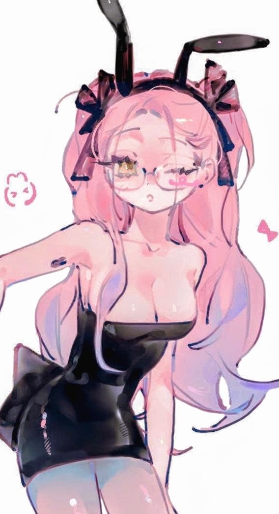 mizi (alien stage), alien stage, commentary, english commentary, 1girl, :o, animal ears, arm tattoo, bare shoulders, black dress, bow, breasts, cleavage, cowboy shot, dress, fake animal ears, long hair, official alternate costume, one eye closed, open mouth, pink hair, rabbit ears, rabbit tattoo, solo, strapless, strapless dress, tattoo, two side up, very long hair, xoz g1, yellow eyes