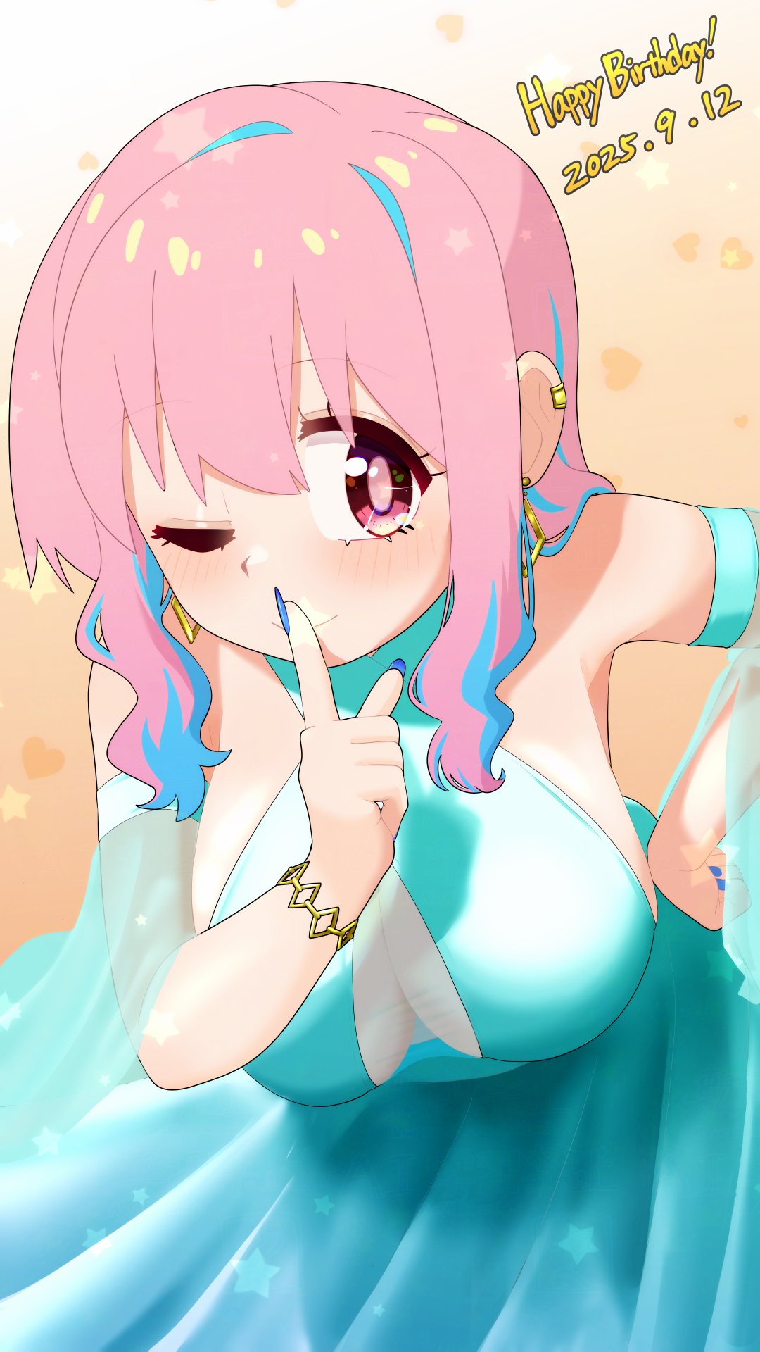 happyundergate, hozuki kaede, onii-chan wa oshimai!, commentary, highres, 1girl, ;), alternate costume, aqua dress, bare shoulders, blue hair, blue nails, blush, bracelet, breasts, cleavage cutout, clothing cutout, criss-cross halter, dated, dress, earclip, earrings, finger to mouth, fingernails, hair down, halterneck, hand on own hip, happy birthday, jewelry, large breasts, leaning forward, long fingernails, long hair, looking at viewer, multicolored hair, nail polish, one eye closed, pink hair, red eyes, see-through silhouette, shushing, smile, solo, two-tone hair