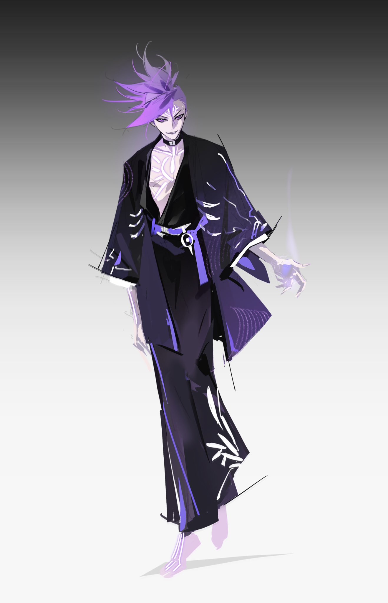 sd2190392804, dragon boy (to be hero x), to be hero, to be hero x, highres, 1boy, black choker, choker, face print, full-body tattoo, japanese clothes, kimono, male focus, mohawk, purple eyes, purple hair, purple kimono, solo, tattoo