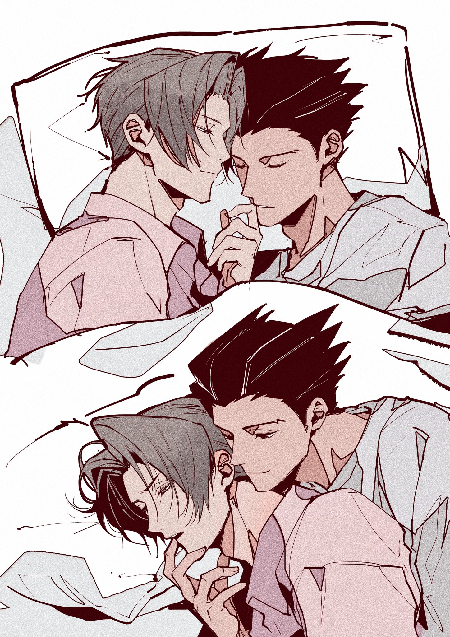 c138300, miles edgeworth, phoenix wright, ace attorney, highres, 2boys, black eyes, black hair, closed mouth, collared shirt, crew neck, curtained hair, film grain, finger in another's mouth, finger to another's mouth, grey eyes, grey hair, grey shirt, looking at another, lying, male focus, multiple boys, multiple views, on side, parted lips, pillow, pink shirt, shirt, short sideburns, smile, spooning, under covers, wing collar, yaoi