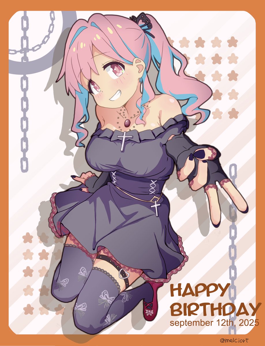 melciort, hozuki kaede, onii-chan wa oshimai!, commentary, highres, 1girl, alternate costume, artist name, bare shoulders, black dress, black gloves, black nails, black thighhighs, blue hair, blush, border, breasts, chain, cross, dated, dress, elbow gloves, fingerless gloves, full body, gloves, grin, gyaru v, hair intakes, happy birthday, high heels, jewelry, large breasts, long hair, looking at viewer, multicolored hair, nail polish, necklace, off-shoulder dress, off shoulder, orange border, pink eyes, pink hair, ponytail, red shoes, shoes, sidelocks, simple background, smile, solo, studded thigh strap, thigh strap, thighhighs, twitter username, two-tone hair, v
