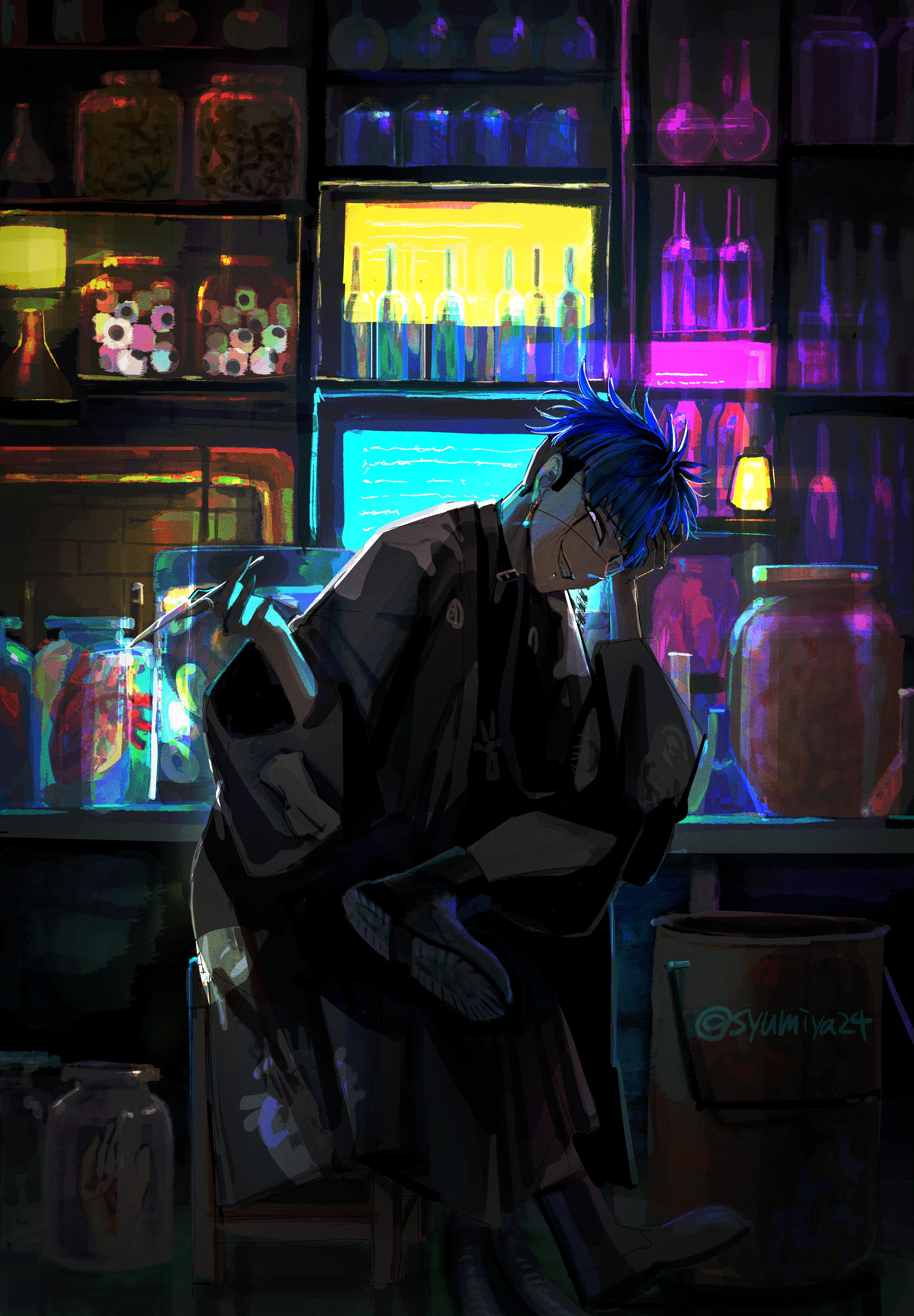 zhu gong, omokage yugamu, the hundred line -last defense academy-, absurdres, commentary request, highres, 1boy, arm up, beaker, belt, belt buckle, belt collar, black belt, black boots, black hair, black kimono, blue eyes, boots, bottle, buckle, collar, crossed legs, elbow rest, eyeball, facial mark, glass bottle, grin, hand on own face, head rest, heart (organ), holding, holding scalpel, japanese clothes, jar, kimono, lantern, long sleeves, looking at viewer, male focus, multicolored hair, organs, print kimono, scalpel, sitting, smile, solo, teeth, twitter username, two-tone hair, white eyes, wide sleeves