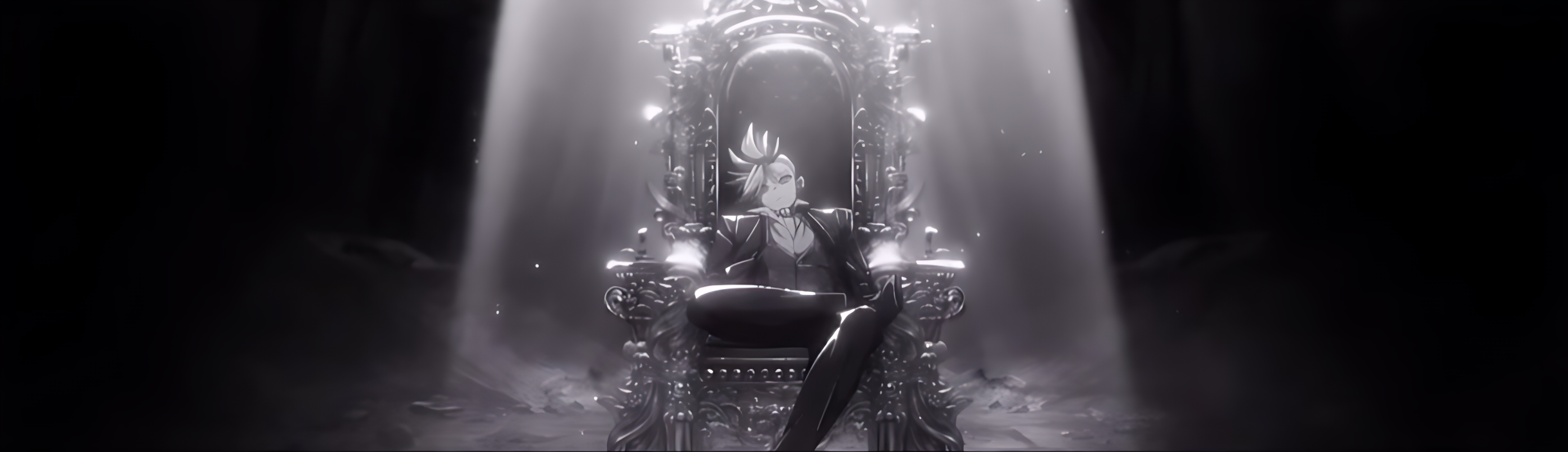 dragon boy (to be hero x), to be hero, to be hero x, anime screenshot, highres, non-web source, 1boy, black choker, choker, crossed legs, dress shoes, eyeliner, face print, formal clothes, makeup, male focus, mohawk, sitting on throne, slouching, solo, spotlight, suit, throne