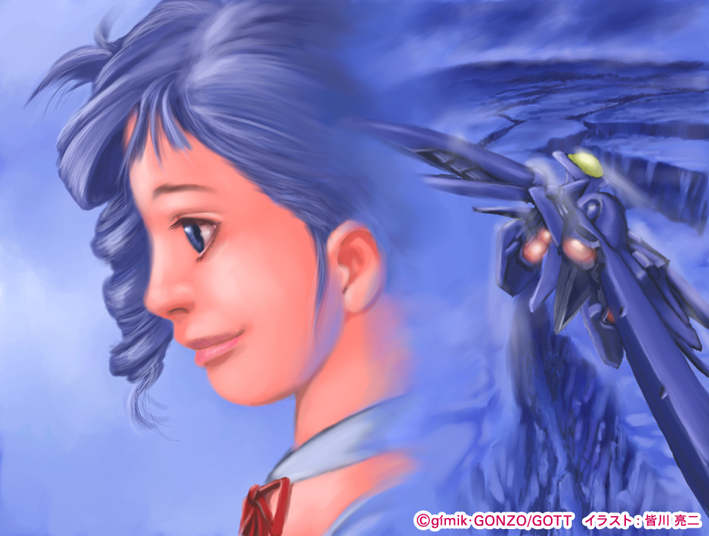 minagawa ryouji, lumiere (kiddy grade), kiddy grade, non-web source, 00s, 1girl, blue eyes, blue hair, bodysuit, brooch, episode14, eyecatch, from side, full body, gem, heart, jewelry, la muse, matching hair/eyes, multiple views, profile, red gemstone, standing, upper body