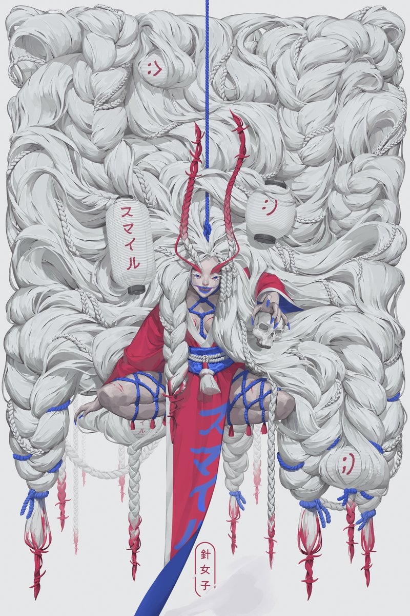 patrick ganas, original, highres, 1girl, ;), absurdly long hair, blue lips, blue rope, braid, gradient hair, hair horns, lantern, long hair, multicolored hair, one eye closed, pale skin, paper lantern, rope, shibari, smile, solo, very long hair