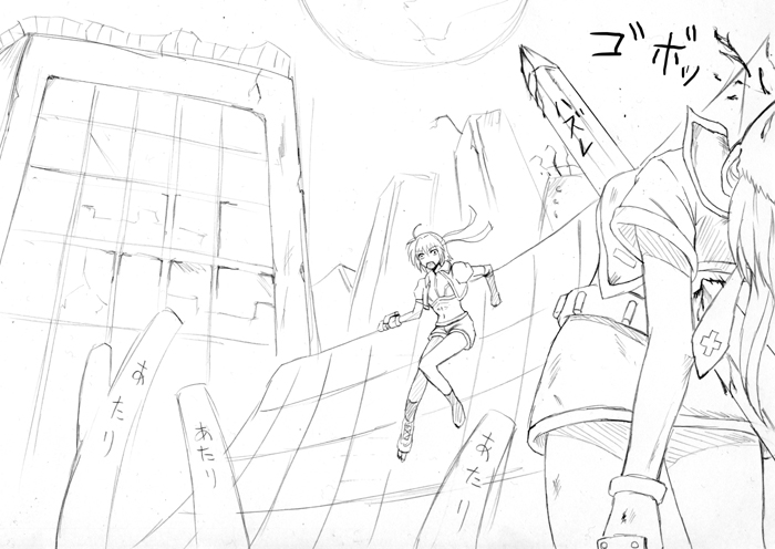 nakayama yukiji, revolver knuckle, subaru nakajima, teana lanster, lyrical nanoha, mahou shoujo lyrical nanoha, mahou shoujo lyrical nanoha strikers, 00s, 2girls, bad end, blood, gauntlets, gloves, greyscale, guro, headband, impaled, midriff, monochrome, multiple girls, single gauntlet, twintails